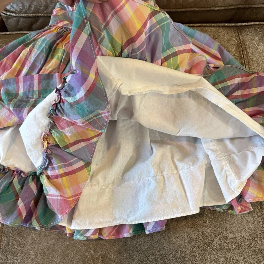 Ralph Lauren Girls Madras Plaid Party Dress Tiered Ruffle Cotton Sz 5